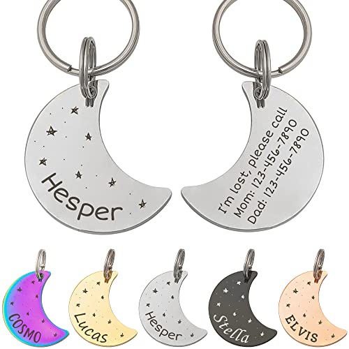 Anavia Starry Sky Theme Pet ID Tags in Half Moon & Star Shape, Personalized Dog Name Tag Cat Tag, Glossy Stainless Steel Gold Plated Black Rainbow Dog Collar Tag (Medium, Moon Shape, Silver) - color: Silver, size: Medium, style: Moon Shape