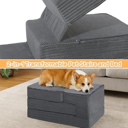 Dog Stairs for Small Dogs, 22.5" H Foldable Dog Steps for High Bed | 2 in 1 Pet Stairs Get on Couch, Transformable Cats Stairs, Non-Slip Balanced, Grey - size: 15.7 X 30 X 22.5 In