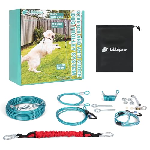 Dog Runner for Yard - 50ft Aerial Dog Run Cable System with Shock Absorbing Bungee Tether, Chew Proof Steel Cable & Tangle Free Pulley for Large Dogs, Backyard Zip Line for Dogs - size: 50FT