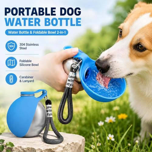 Dog Water Ball,Dog Water Bottle with Bowl,2-in-1 Portable Foldable DogWaterBottle,Leak-Proof,304 Stainless Steel Large-Capacity Cup with Foldable Silicone Bowl,Perfect for Travel - color: Blue