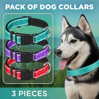 TECEUM 3 Pack Reflective Dog Collar – Purple&Red&Teal – M – Extra Soft Padding – Basic Nylon Pet Collar - color: Purple&Red&Teal, size: Medium