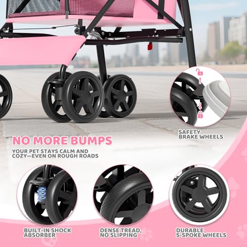 Magshion Compact Pet Stroller for Small-Medium Dogs/Cats up to 22lbs, 4-Wheel Lightweight Umbrella Shaped Portable Puppy Travel Jogger with Breathable Mesh, Cup Holder & Rear Storage, Pink - color: Pink, style: Up to 22 lbs