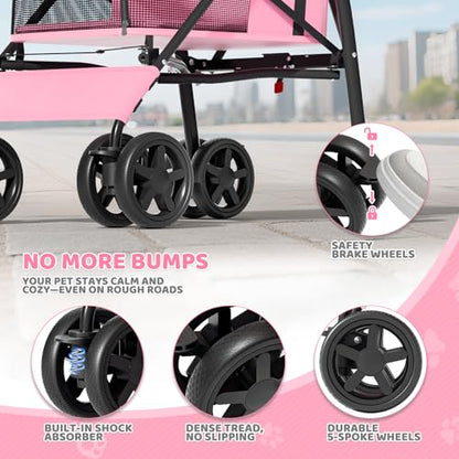 Magshion Compact Pet Stroller for Small-Medium Dogs/Cats up to 22lbs, 4-Wheel Lightweight Umbrella Shaped Portable Puppy Travel Jogger with Breathable Mesh, Cup Holder & Rear Storage, Pink - color: Pink, style: Up to 22 lbs