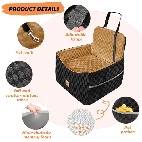 Dog Car Seat for Small and Medium Dogs Up to 35 lbs –Memory Foam Dog Booster Seat with Safety Leash & Storage Pockets, Fits Front & Back Car Seats, Removable Washable Cover – Black & Brown - color: Small-Black/brown