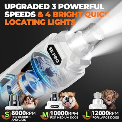 Whisper Quiet Dog Nail Grinder with 4 LED Lights, Safe & Stress-Free for Sensitive Dogs of All Breeds & Sizes, 3 Grinding Bits, 3-Speed, Pet Nail Trimmers, Rechargeable Painless Grooming Kit White - color: White