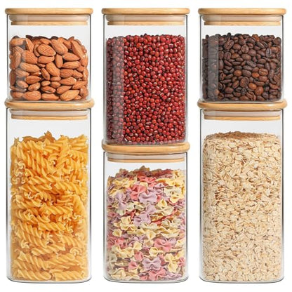 ComSaf Glass Pantry Storage Containers (0.7Qt/1.2Qt/1.6Qt) Set of 6, Glass Storage Containers with Lids, Kitchen Food Storage Jar, Square Glass Jars for Flour Cereal Sugar Tea Coffee Beans Snacks - size: 0.7Qt*2/1.2Qt*2/1.6Qt*2