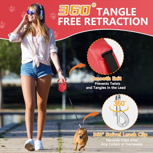 Retractable Dog Leash, 16ft Dog Walking Leash for Small Dogs up to 77lbs, Non-Slip Handle - Red