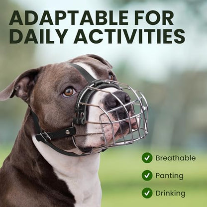 BRONZEDOG Pitbull Dog Muzzle Breathable Metal Basket for Large Dogs Amstaff Staffordshire Terrier Biting Chewing Barking (Leather, Black) - color: Leather, Black