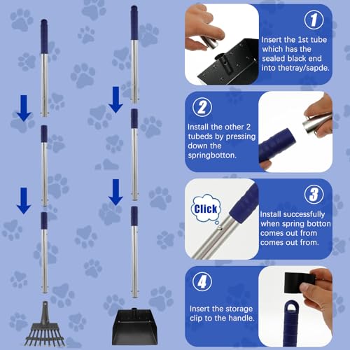 Pooper Scooper Metal Scooper Tray and Rake Set with 3 Stainless Steel Long Handle Removable Dog Pooper Scooper Multifunctional Poop Scoop Set for Pet Waste Removal on Grass and Gravel