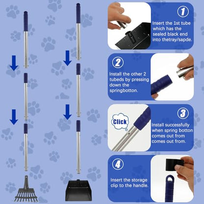 Pooper Scooper Metal Scooper Tray and Rake Set with 3 Stainless Steel Long Handle Removable Dog Pooper Scooper Multifunctional Poop Scoop Set for Pet Waste Removal on Grass and Gravel