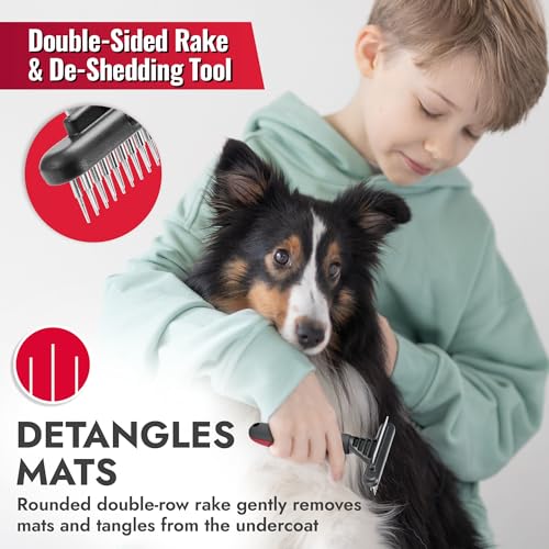 KONG Double-Sided Rake & Deshedding Tool – Detangling & Shedding Control, Rounded Metal Tips, Non-Slip Grip, for Medium to Large Dogs with Medium to Long Coats, Red/Gray - size: Medium Double-Sided Rake