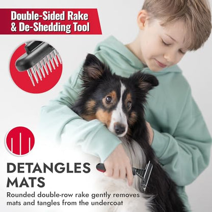 KONG Double-Sided Rake & Deshedding Tool – Detangling & Shedding Control, Rounded Metal Tips, Non-Slip Grip, for Medium to Large Dogs with Medium to Long Coats, Red/Gray - size: Medium Double-Sided Rake