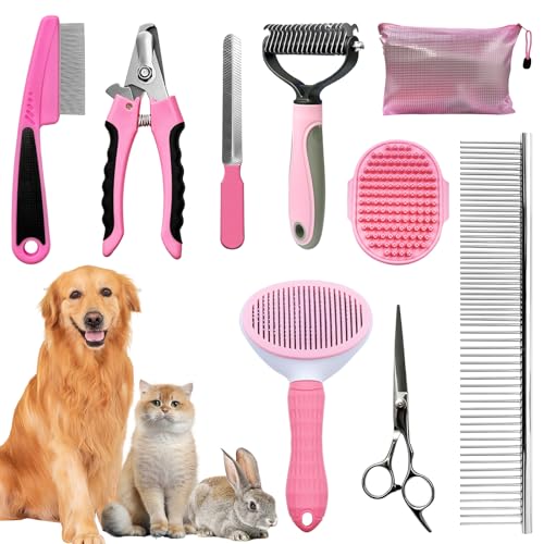 Dog Brush & Grooming Kit – 9-Piece Pet Brush & Deshedding Set for Shedding, Bathing, Trimming & Nail Care | Grooming Tools for Dogs & Cats, Includes Comb, Nail Clipper, Scissors, Slicker Brush (Pink) - color: Pink, size: 9 PACK