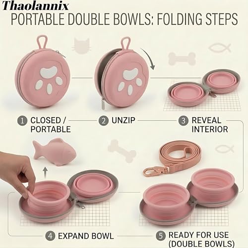 2-in-1 Collapsible Dog Bowl with Built-in Silicone Hook, Portable Travel Pet Water & Food Dish, BPA-Free Double Foldable Bowls for Camping, Hiking and Car Trips, Non-Slip (Pink) - color: pink