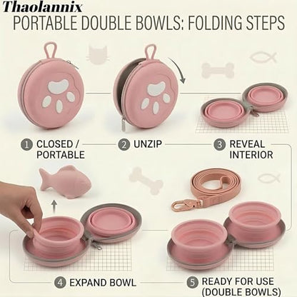 2-in-1 Collapsible Dog Bowl with Built-in Silicone Hook, Portable Travel Pet Water & Food Dish, BPA-Free Double Foldable Bowls for Camping, Hiking and Car Trips, Non-Slip (Pink) - color: pink