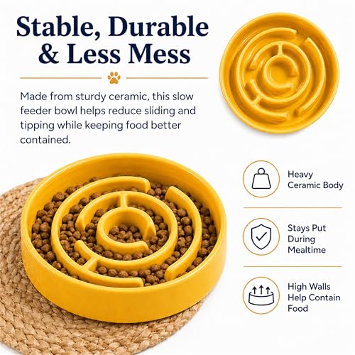 Slow Feeder Dog Bowls, Silicone Dog Bowl with Anti-Slip, Slow Feeder & Non-Slip Design, Boredom and Anxiety Reducer, Suitable for All Breed Dogs and Cat (Ceramic-Yellow) - color: Ceramic-Yellow
