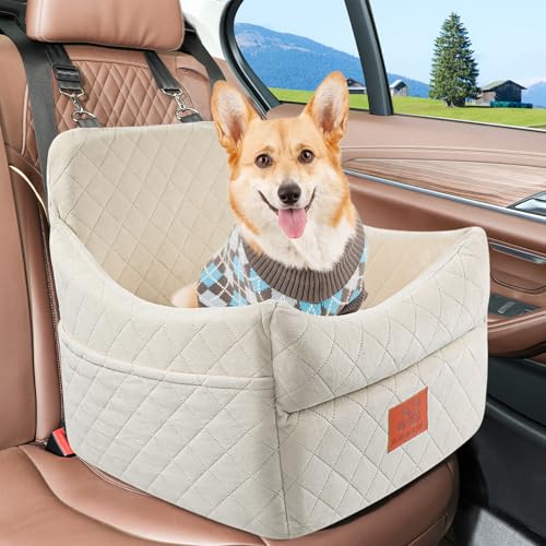 GL GLENSLAVE Dog Car Seat for Small/Medium Dogs, Dog Booster Car Seats with Thick Cushion for Dogs Under 35lbs, Detachable Washable Pet Carseat with Storage Pockets, 2 Safety Belts(Beige) - color: Beige
