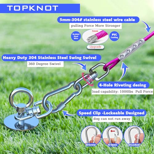 TOPKNOT Dog Tie Out Cable and Stake,(up to 200lbs) 20FT Heavy Duty Cable,360°Swivel Run Anchor- No Tangle,Dog Runner for Yard,Ideal for Outdoor Camping - size: dog stake+20ft/200lbs