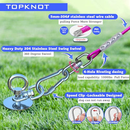 TOPKNOT Dog Tie Out Cable and Stake,(up to 200lbs) 20FT Heavy Duty Cable,360°Swivel Run Anchor- No Tangle,Dog Runner for Yard,Ideal for Outdoor Camping - size: dog stake+20ft/200lbs