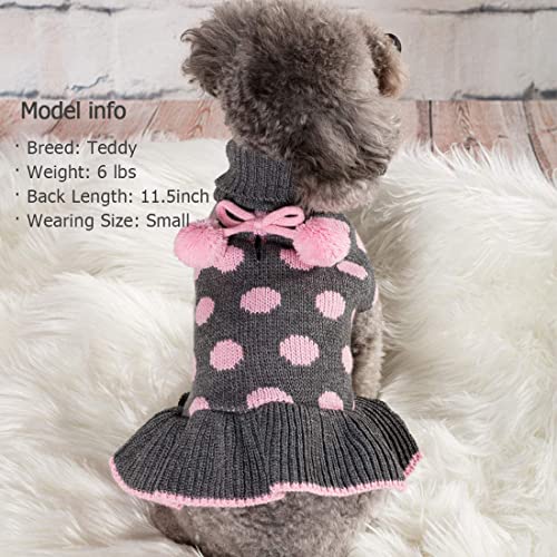 KYEESE Dog Sweater Dress Polka Dot Turtleneck Dogs Sweaters for Girl with Leash Hole Knit Pullover with Pom Pom Ball - color: 02# Polkadot (Grey), size: Large (13-19lbs)