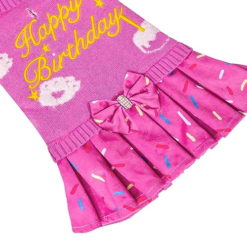 CuteBone Pink Dog Sweater Dress Happy Birthday Pet Sweater Sweaters for Small Dogs with Bowtie Pullover Pupply Clothes Cats Clothes - color: Happy Birthday, size: X-Small