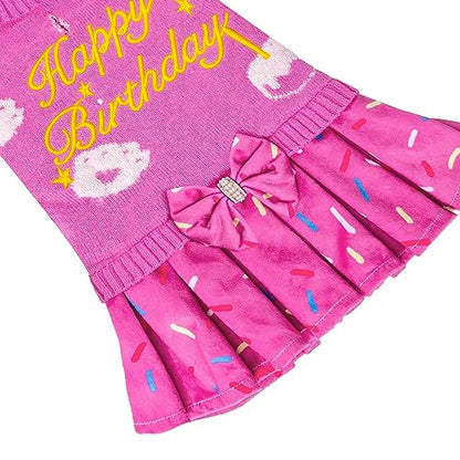 CuteBone Pink Dog Sweater Dress Happy Birthday Pet Sweater Sweaters for Small Dogs with Bowtie Pullover Pupply Clothes Cats Clothes - color: Happy Birthday, size: Small