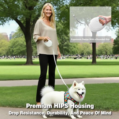 Retractable Dog Leash, 16ft Strong Nylon, 360° Tangle-Free, Dog Pattern for Small, Medium, and Large Dogs Up to 110 lbs (White) - color: white