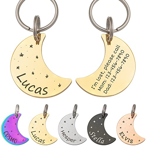 Anavia Starry Sky Theme Pet ID Tags in Half Moon & Star Shape, Personalized Dog Name Tag Cat Tag, Glossy Stainless Steel Gold Plated Black Rainbow Dog Collar Tag (Medium, Moon Shape, Gold) - color: Gold, size: Medium, style: Moon Shape