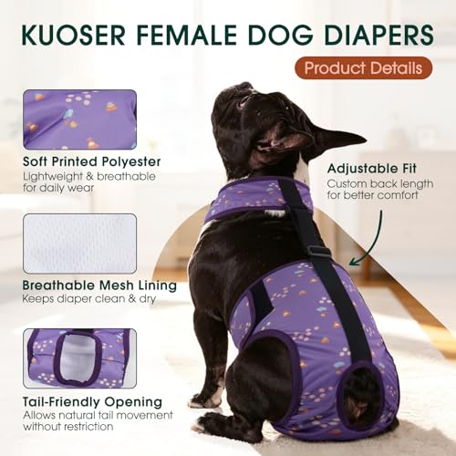 Kuoser Dog Diapers Female with Suspenders, Escape-Proof Doggie Diaper That Stay On, Washable Dog Diapers for Heat, Incontinence & Puppy Training,Reusable Puppy Diaper Female Small Medium Large Dogs,XS - color: Lavender Purple, size: XS