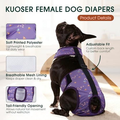 Kuoser Dog Diapers Female with Suspenders, Escape-Proof Doggie Diaper That Stay On, Washable Dog Diapers for Heat, Incontinence & Puppy Training,Reusable Puppy Diaper Female Small Medium Large Dogs,XS - color: Lavender Purple, size: XS