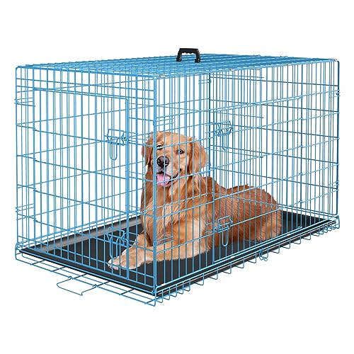 PayLessHere Large Dog Crate Kennel for Medium Large Dogs Metal Dog Cage Double-Door Folding Travel Indoor Outdoor Puppy Playpen with Divider and Handle Plastic Tray (48 Inch, Blue) - color: Blue, size: 48.0"L x 29.0"W x 31.0"H