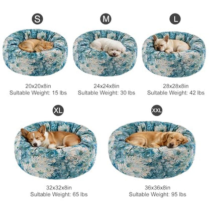 Dog Calming Beds for Small Medium Large Dogs - Round Donut Washable Puppy Dog Bed, Anti-Slip Faux Fur Fluffy Donut Cuddle Anxiety Cat Pet Bed (28" Flower) - color: Flower, size: 28"L x 28"W x 8"Th