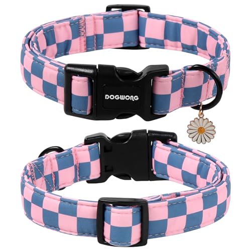 DOGWONG Plaid Dog Collar - Adjustabe Pink Blue Plaid Dog Collar - Cute Pet Checkered Dog Collars Puppy Gift for Small Medium Large Dogs - color: Z: Plaid, size: Extra Small