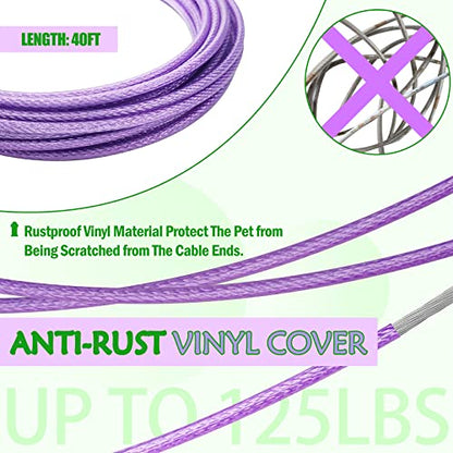 Petest Reflective Tie Out Cable with Crimp Cover for Heavy Dogs Up to 125 Pounds, 40 Feet - color: Green & Purple, size: 125lbs40ft