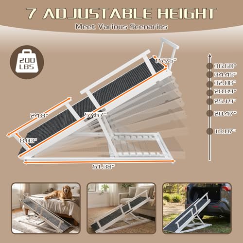Dog Ramp for Bed - 7-Level Adjustable (13"-37") Birchwood, 60" Foldable Soft Carpet Ramp with Removable Washable Cover & Rails, for High Bed/Couch, DIY Glow Strips, Supports 200 Lbs - color: White - Carpet Style