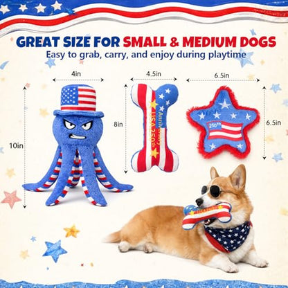 Patriotic 4th of July Dog Toys, 3-Pack Squeaky Crinkle Plush Set | For small and medium dogs; octopus toy for interactive play with a red, white and blue Independence Day design - color: Patriotic