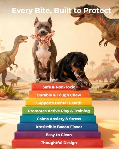 DinoBone 2-Pack Tough Dog Chew Toys for Aggressive Chewers, Rock-Hard Nylon Dinosaur Bones for Large Dogs 20–90 lbs, Almost Indestructible Dog Toys, Helps Redirect Destructive Chewing, Bacon Flavor