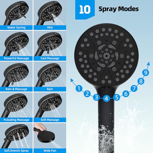 Hibbent All Metal CUPC Certified Shower Head, 8'' High Pressure Rainfall Shower Head, Handheld Showerhead Combo, 12'' Adjustable Extension Arm, 10 Sprays, 71'' Hose, Shower Holder, Matte Black - color: Matte Black, style: Square 8''
