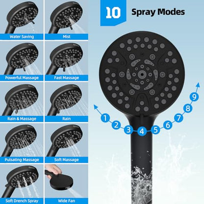 Hibbent All Metal CUPC Certified Shower Head, 8'' High Pressure Rainfall Shower Head, Handheld Showerhead Combo, 12'' Adjustable Extension Arm, 10 Sprays, 71'' Hose, Shower Holder, Matte Black - color: Matte Black, style: Square 8''