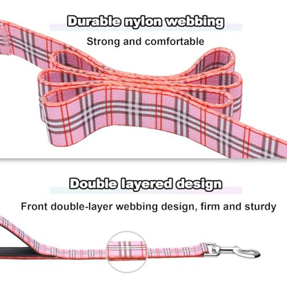 5ft Dog Leash with Two Padded Handles, Heavy Duty Strong Nylon Pet Leash with Soft Neoprene Handle for Small Medium Large Dogs, Pink Plaid - color: Pink Plaid, size: 1 in x 5 ft
