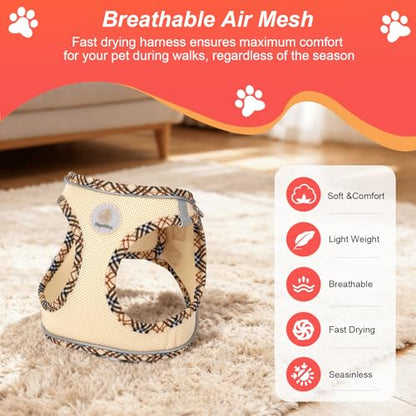 Hipubby Dog Harness Small Sized and Leash Set, No Pull Soft Mesh Puppy Vest, Reflective Breathable Lightweight Pet Harness, Harness for Small Medium Dogs and Cats - Khaki/Tirm, XXS - color: Khaki/Tirm, size: XXS (Chest: 11"-12.5")