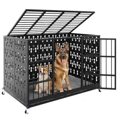 LEMBERI 48" Heavy Duty Indestructible Privacy Enclosed Dog Crate with Mat, 500lbs Capacity Escape Proof Dog Kennel, 36" Tall High Anxiety XL Metal Dog Cage with Lockable Wheels, Removable Tray, Black - color: Black, size: 47.2"L x 29.9"W x 35.4"H