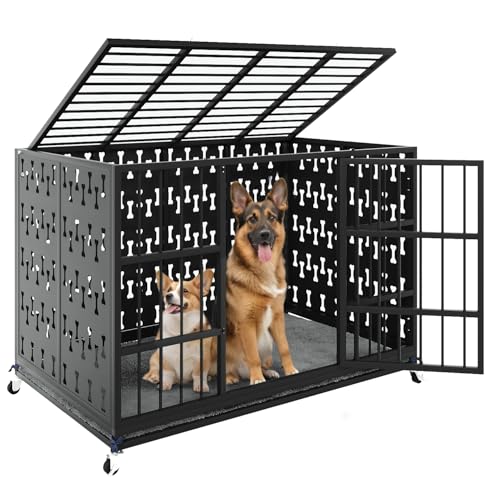 LEMBERI 48" Heavy Duty Indestructible Privacy Enclosed Dog Crate with Mat, 500lbs Capacity Escape Proof Dog Kennel, 36" Tall High Anxiety XL Metal Dog Cage with Lockable Wheels, Removable Tray, Black - color: Black, size: 47.2"L x 29.9"W x 35.4"H