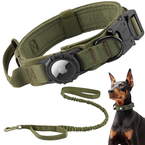 Tactical AirTag Dog Collar Leash Set - Heavy Duty, Adjustable GPS Collar Compatible with Apple AirTag, with Holder & Control Handle for Medium/Large Dogs [ Green, L ] - color: Green-SET, size: L(16.5"-20.5")