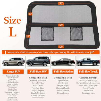 Heavy Duty Dog Car Barrier with Sturdy Metal Frame, Wider Coverage Pet Divider Net for Back Seat & Cargo Area, Universal Fit for Cars SUVs Trucks, Claw-Proof Transparent Mesh for Cool Airflow - size: Large