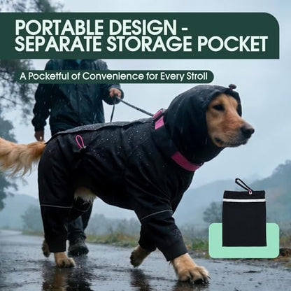 Kouser Waterproof Full-Body Coverage Dog Raincoat, Black M | Dog Raincoat with Reflective Stripes, Adjustable Dog Rain Jacket with Leash D-Ring, Hooded Poncho for Small Medium Large Dogs - color: Black, size: Medium(Back Length:14.17")