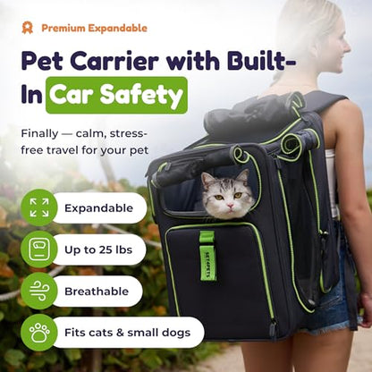 Premium Expandable Cat Carrier Backpack with Car Seat Belt Safety System – Rigid Frame Pet Carrier Backpack for Cats & Small Dogs up to 25 lbs – Breathable, Durable – Includes Bottle & Feeding Bowl - color: gray/green