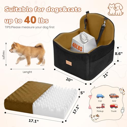 Dog Car Seat for Medium/Small Dogs, Dog Booster Car Seat, Pet Booster Seats Up to 40lbs with Waterproof Layer, 3 Storage Pockets and Safety Belt (Black/Brown) - color: Black/Brown