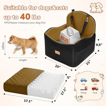 Dog Car Seat for Medium/Small Dogs, Dog Booster Car Seat, Pet Booster Seats Up to 40lbs with Waterproof Layer, 3 Storage Pockets and Safety Belt (Black/Brown) - color: Black/Brown