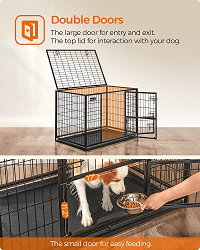 Feandrea 42.1 Inch Heavy Duty Dog Crate, Metal Escape Proof Kennel with Double Doors and Convenient Feeding Door, Removable Tray, Easy to Clean, XL Pet Crate for Large and Medium Dogs, Black - size: 42.1"L x 27.6"W x 29.5"H